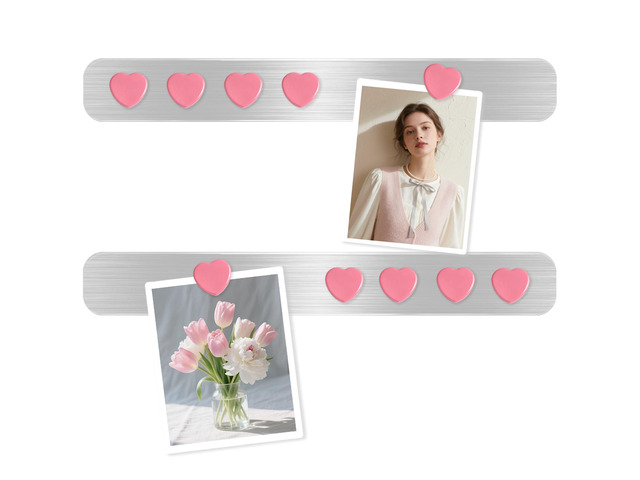 DUJEQM Magnetic Board Strips - 2Pcs Stainless Iron Magnetic Strips with Adhesive Backing & 10 Pink Heart Magnets, Frameless Small Bulletin Board...