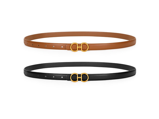 CESCOSI Women Skinny Leather Belts Ladies 2 Pack Thin Waist Belts with Gold Buckle for Dresses 0.7' Width