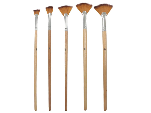 Fan Paint Brush Set, 5 Pcs Long Wood Handle, Nylon Hair, For Acrylic Painting, For Oil Watercolor Gouache Blending