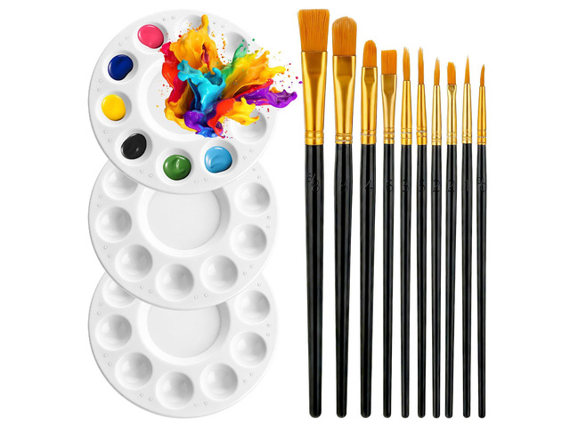 Paint Brushes Palette Set, 10PCS Black Paint Brushes & 3PCS Round Plastic Paint-Palettes, Nylon Hair Paintbrush (Assorted Sizes & Shapes) for...
