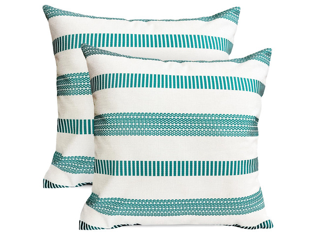 Decorative Boho Farmhouse Throw Pillow Covers 18x18 inch Set of 2 Teal Blue Throw Pillows Linen Square Pillow Cases,Modern Striped Outdoor Pillow...