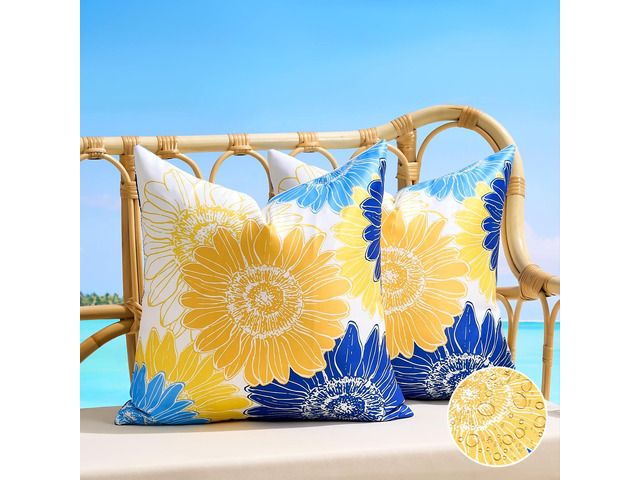 Outdoor Waterproof Floral Pillow Covers Yellow Blue Summer Decorative Throw Pillow Covers 18x18 Set of 2 Square Sunflower Garden Cushion Throw...
