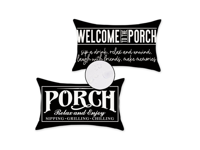 Welcome Porch Outdoor Pillow Covers 12x20 Inch Waterproof Black Decorative Throw Pillows for Patio Furniture Garden Cushion Case Bench Decor