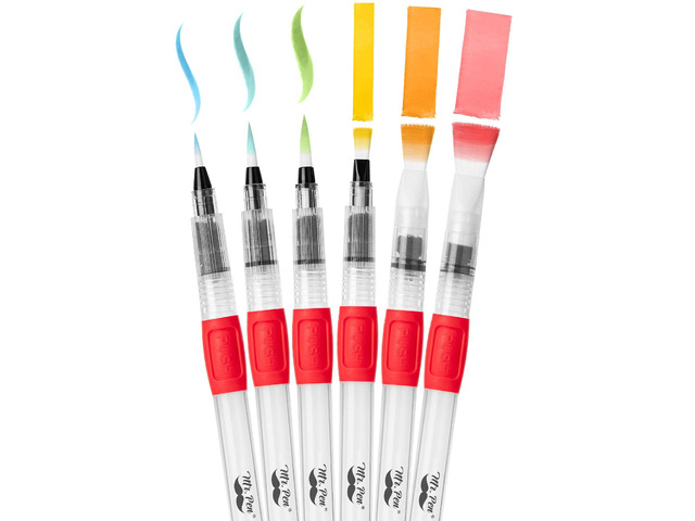 Watercolor Brush Pens, 6 pcs 3 x Point Tips and 3 x Flat Tips Styles, Nylon Bristles, Refillable Watercolor Pens for Acrylic, Gouache, Crayons