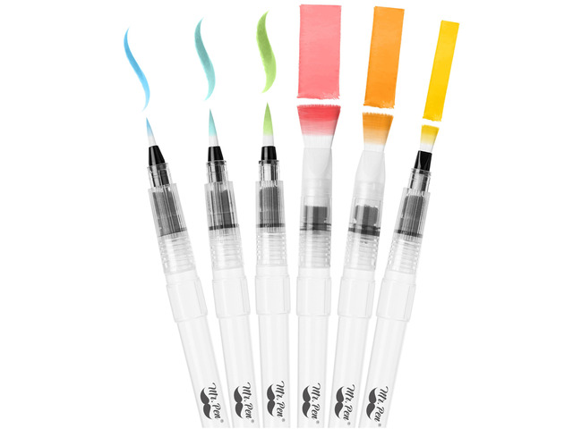 Watercolor Brush Pens, 6 pcs 3 x Point Tips and 3 x Flat Tips Styles, Nylon Bristles, Refillable Watercolor Pens for Acrylic, Gouache, Crayons