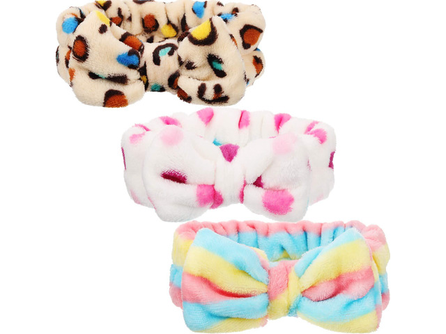 3 Pcs Bowtie Headbands for Washing Face Makeup, Classic Patterns Soft Microfiber Terry Cloth, Elastic Spa Hair Band, Skincare Keeps Strands off...
