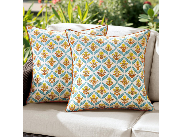 Floral Outdoor Waterproof Pillow Covers Set of 2 Orange 20x20 Inch Square Block Print Decorative Cushion Cases With Refined Edge Piping for...