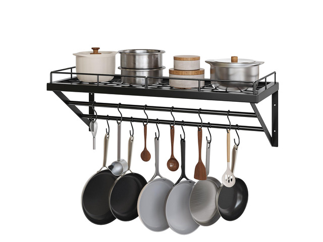 Pot Rack, 30 Inch Wall Mounted Pot Rack, Kitchen Pot and Pan Organizer with 2 Tier Hanging Rails, 12 S-Hooks, Space Saving, for Kitchen Cookware...