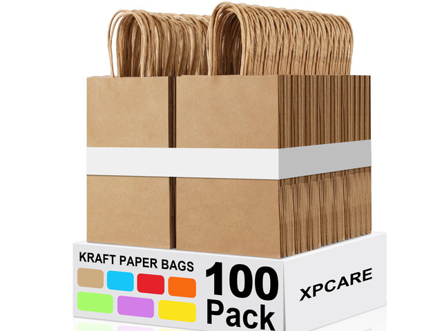 Brown Paper Bags with Handles, 100Pcs 5.25x3.25x8.25'' Kraft Bags