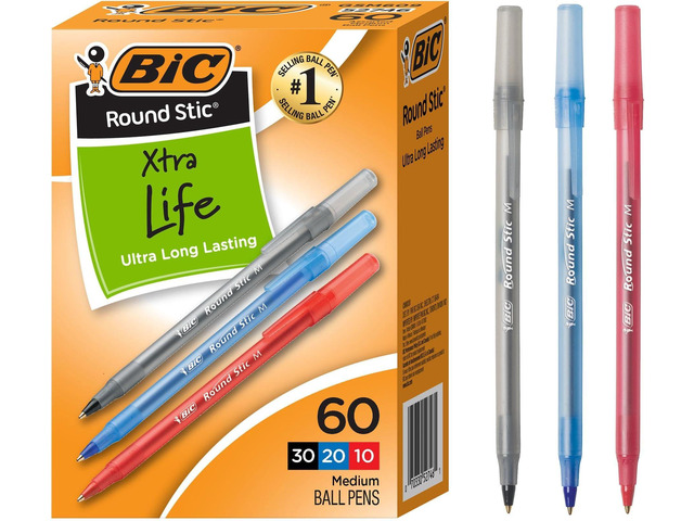 Round Stic Xtra Life Assorted Ink Ballpoint Pen's, Medium Point (1.0mm), 60-Count of Bulk Pens, Flexible Round Barrel for Comfortable Writing, No....