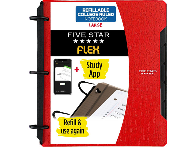 Flex Refillable Notebook + Study App,College Ruled Paper and 1 Inch TechLock Ring Binder with Pockets,Tabs and Dividers,200 Sheet Capacity,Fire Red...