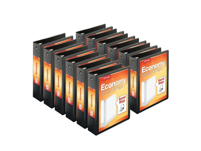 Economy 3-Ring Binders, 3', Round Rings, Holds 625 Sheets, ClearVue Presentation View, Non-Stick, Black, Carton of 12 (90650)