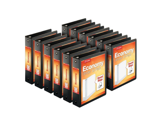 Economy 3-Ring Binders, 2', Round Rings, Holds 475 Sheets, ClearVue Presentation View, Non-Stick, Black, Carton of 12 (90640)