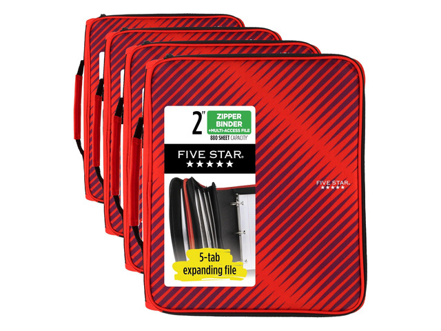 Zipper Binder, 2 Inch 3-Ring Binder with Round Rings, 5-Tab Expanding File, 380 Sheet Capacity, Fire Red (72538) (Pack of 4)
