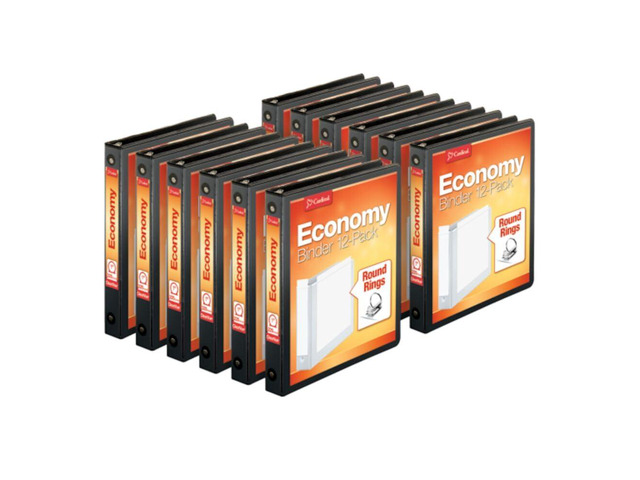 Economy 3-Ring Binders, 1', Round Rings, Holds 225 Sheets, Clearvue Presentation View, Non-Stick, Black, Carton of 12
