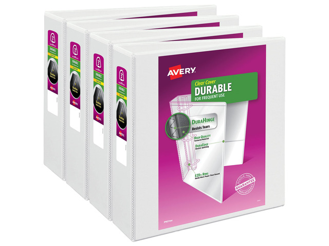 Durable Clear View 3 Ring Binders, 3 Inch Binder Rings, 4 White Binders (09203)