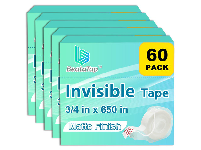 Bulk Tape clear, Invisible Tape, Matte Finish, Writable, 3/4 in x 650 in, 60 Rolls with Dispensers, Transparent Tape, Ideal for Christmas Wrapping...