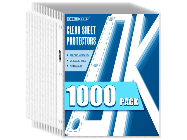 1000 Pack Sheet Protectors, Top Loading Reinforced 3-Hole Page Protectors for 3-Ring Binders, Fits Standard 8.5' x 11' Letter Size Paper, Perfect...