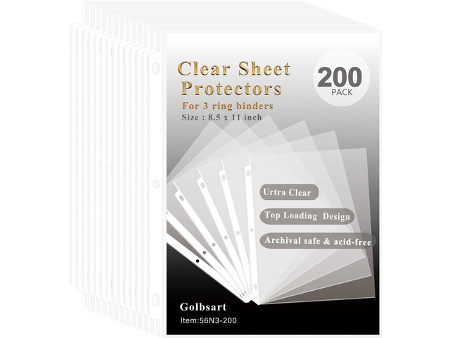 Sheet Protectors 8.5 x 11, 200 Pack Clear Plastic Page Protectors for 3 Ring Binder, Top Loading Letter Size Document Sleeves, Acid-Free Non-Glare...
