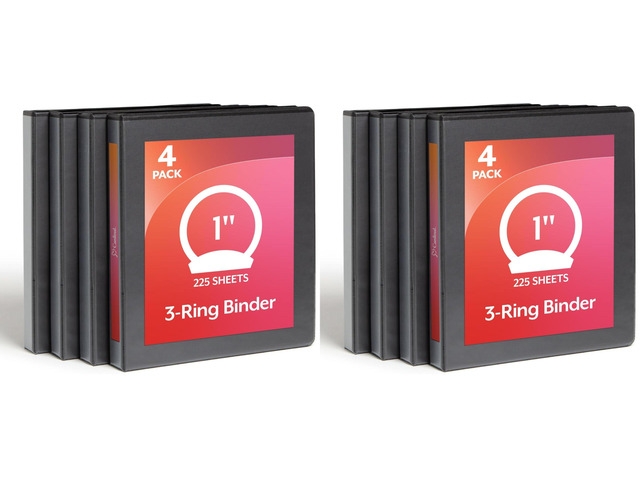 Economy 3 Ring Binder, 1 Inch, Presentation View, Black, Holds 225 Sheets, Nonstick, PVC Free, Binders (79512), 4 Count(Pack of 2)