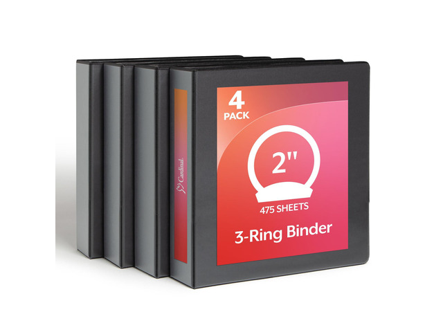 Economy 3 Ring Binder, 2 Inch, Presentation View, Black, Holds 475 Sheets, Nonstick, PVC Free, 4 Pack of Binders (79522)