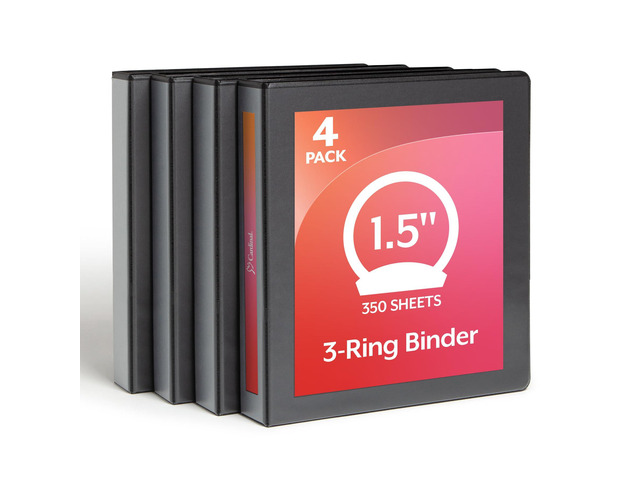 Economy 3 Ring Binder, 1.5 Inch, Presentation View, Black, Holds 350 Sheets, Nonstick, PVC Free, 4 Pack of Binders (79519)