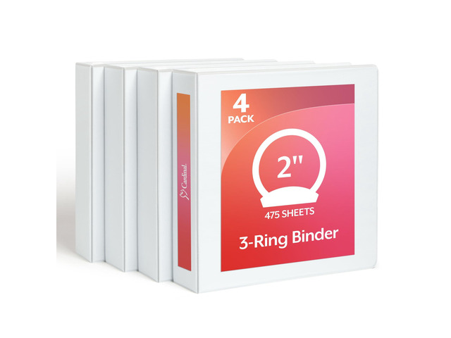 2 Inch 3 Ring Binders, White, 4 Pack, Round Ring Binder, Holds 475 Sheets, PVC Free, Customizable Covers, 2 Pocket View Binders for Office and...