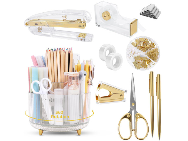 Gold Office Supplies Set with Pencil Holder for Desk Gold Desk Accessories with Gel Pen, Stapler, Tape Dispenser, Scissors,Clips and 1000pcs...