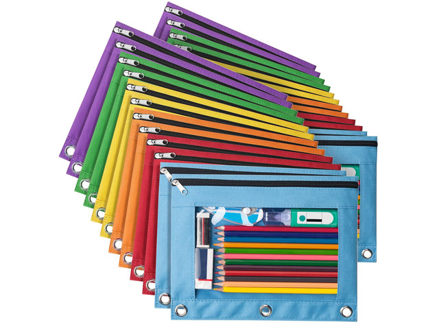 24 Pack Pencil Pouche for 3 Ring Binder, Smooth Zipper Pencil Bag Pencil Pouchs, Multi-Color Pencil Case for Binder, Clear Top Binder Pencil Pouch,...