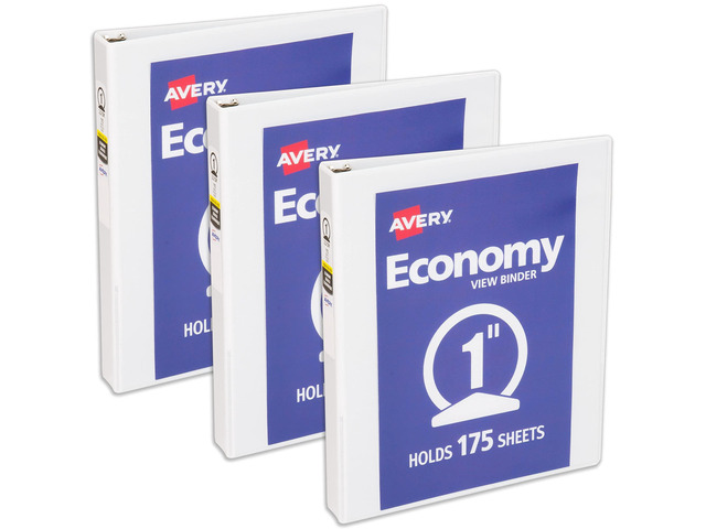 Economy View 3 Ring Binder, 1 Inch Round Rings, 3 White Binders (05760)