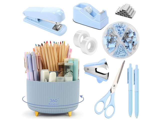 Blue Desk Accessories 11Pcs with Rotating Pen Holder for Desk Included Stapler with Staples, Staple Remover, Tape Dispenser,2pcs Tape Refills,...