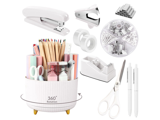 White Office Supplies Set, Office Desk Accessories 10PCS, Pencil Holder for Desk, Stapler, Tape Dispenser, Scissors, Ruler, Binder/Paper Clips and...