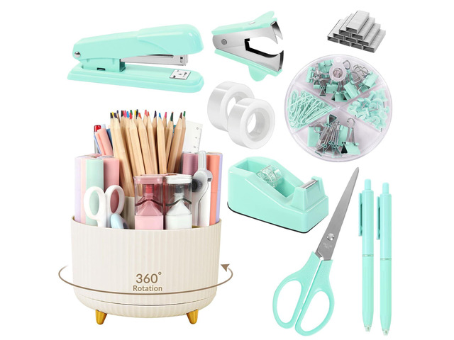 Teal Office Supplies Set, Office Desk Accessories 10Pcs, Pencil Holder for Desk, Stapler, Tape Dispenser, Scissors, Clips and 1000pcs Staples,...