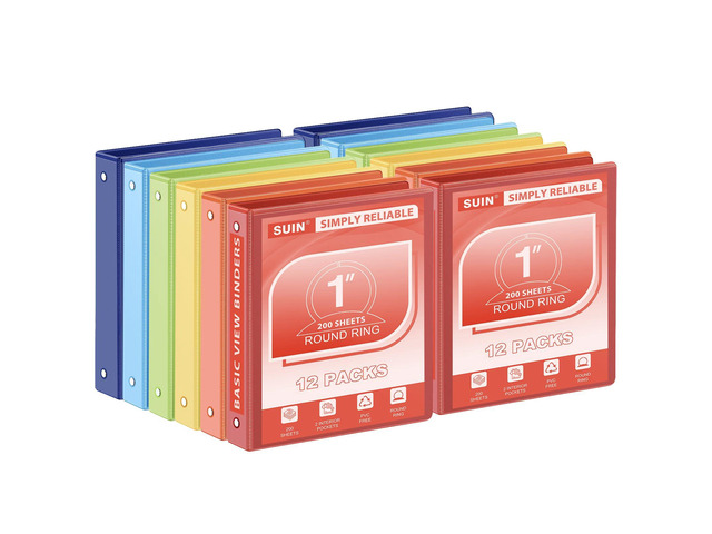 Basic 1-Inch 3-Ring-Binder, Customizable Clear View Cover, for US Letter Size 8-1/2 x 11'', Perfect for Office/School (Bright Colors -12 Pack)