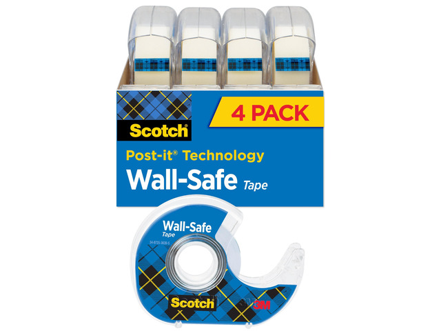 Wall-Safe Tape, 4 Dispensered Rolls, Sticks Securely, Removes Cleanly, Invisible, Designed for Displaying, Photo Safe, 3/4 in x 650 in (4183)