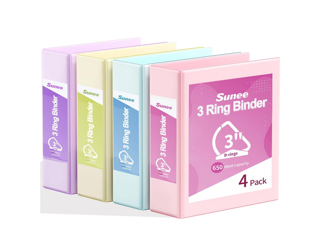 3 Ring Binder 3 Inch D Ring, Clear View Binder Three Ring PVC-Free (Fit 8.5x11 Inches) for School or Office Supplies, Assorted Pastel, 4 Pack