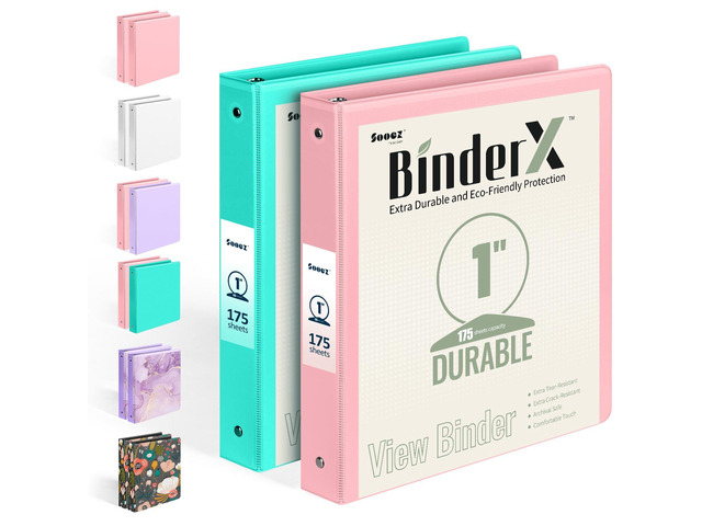 2 Pack BinderX Extra Durable 3 Ring Binder, 1 Inch Binder Round Rings, Fits 350 Sheets of 8.5x11 Paper, Customizable View Cover with Inside...