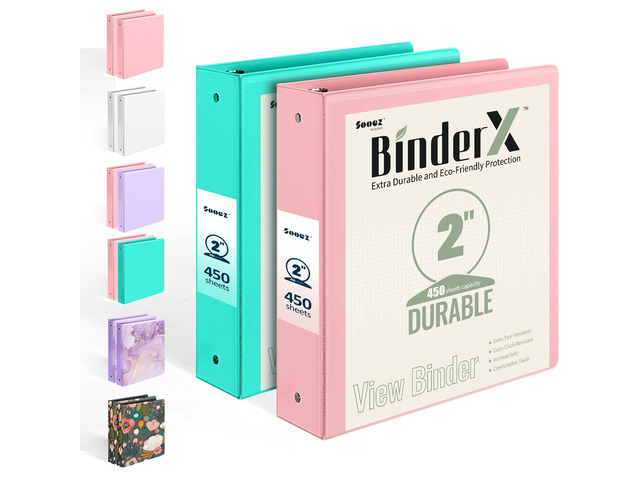 2 Pack BinderX Extra Durable 3 Ring Binder, 2 Inch Binder Round Ring, Fits 900 Sheets of 8.5x11 Paper, Customizable View Cover with Inside Pockets,...