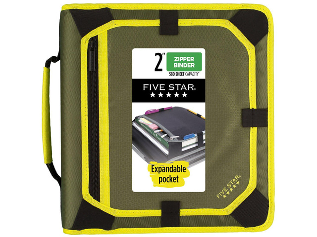 Zipper Binder, 2 Inch 3-Ring Binder with Round Rings, Expansion Panel and 5-Tab Expanding File, 580 Sheet Capacity, Olive/Citrus (290520C)