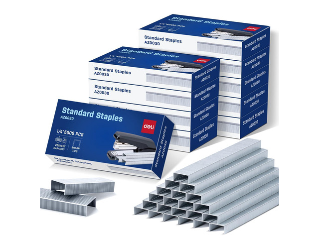 Staples, 50000 Staples, 1/4'' Length, 210/Strip, 10 Boxes of 5000 Each Standard Staples for Desktop Staplers