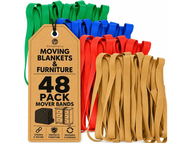 48 Pack Mover Bands Extra Large Rubber Bands for Furniture & Moving Blankets Heavy-Duty Stretch Bands in 4 Sizes (25', 30', 36', 42')