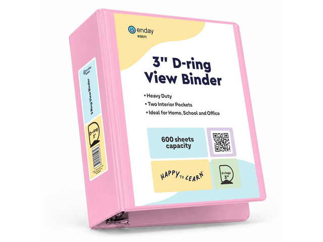 3 Inch Binder, Pink - 3 Inch 3 Ring Binder, D-Ring Pastel with Clear View Cover for Letter Size 8.5 x 11'' Paper & 2 Inside Pockets, Ideal for...
