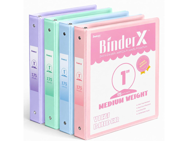 4 Pack 3 Ring Binders 1 Inch, 1' Three Round Ring Binder with Pockets Extra Durable, Eco-Friendly, PVC-Free, Reinforced Hinge, 700-Sheet Capacity,...