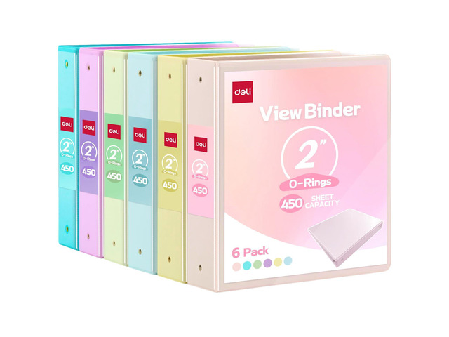 2-inch 3 Ring Binder 6 Pack,11' x 8.5' US Letter Size 2 inch Binders with 2 Interior Pockets, 450 Sheets Capacity,Assorted 6 Pastel Colors