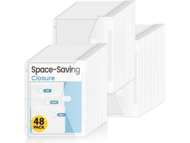 48 Pack Binder Folders Pockets with Staggered Closures, Letter Size Clear Binder Pockets for 3 Ring Binder, Space-saving Binder Organizer Sleeves,...