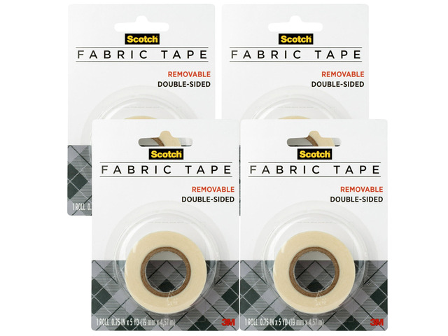Removable Fabric Tape, 3/4 in x 180 in (15 ft), 4 Rolls Double-Sided Hemming and Fabric Repair Tape for Clothes, Crafts, Costumes, and Décor,...