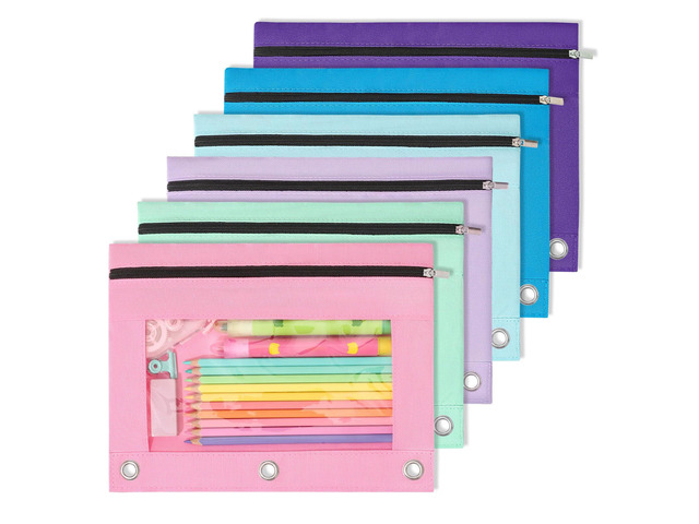 Pencil Pouch for 3-Ring Binder, Large Pencil Case with 3 Reinforced Grommets, Zipper Pencil Pouch, Clear Window Pencil Case, Binder Accessories, 6...
