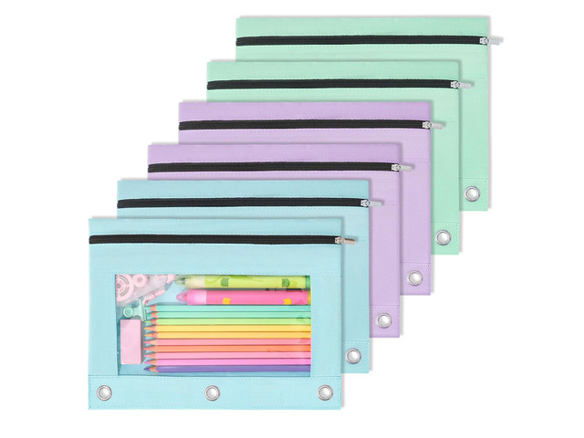 Pencil Pouch for 3 Ring Binder, 6 Pack Zipper Binder Pouches, 2 Light Blue, 2 Light Purple & 2 Light Green, Pencil Bag Organizer for School...