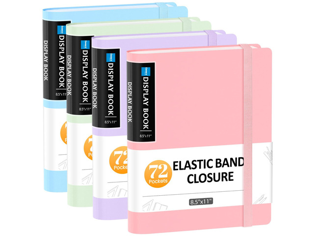 4 Pack 72 Pocket Binder with Plastic Sleeves, Display Book, 8.5' x11 with Elastic Band, 144 Pages Presentation Binder, Art Portfolio Document...