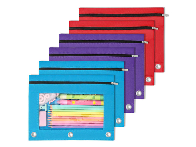 Pencil Pouch for 3 Ring Binder, 6 Pack Zipper Binder Pouches in Classic Colors, 2 Blue, 2 Purple & 2 Red, Pencil Bag Organizer for School Supplies,...